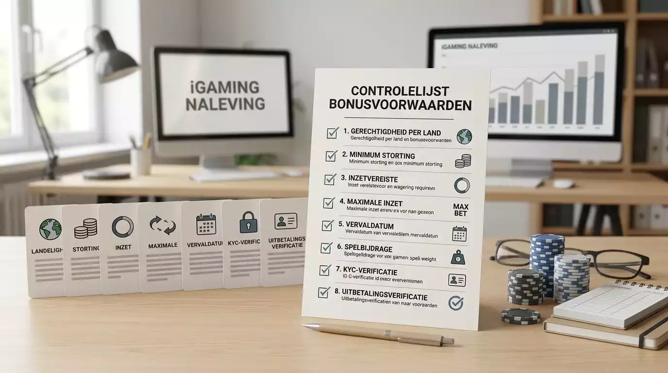 Checklist voor Voltslot bonusvoorwaarden met land, storting, inzetvereiste, termijn en KYC