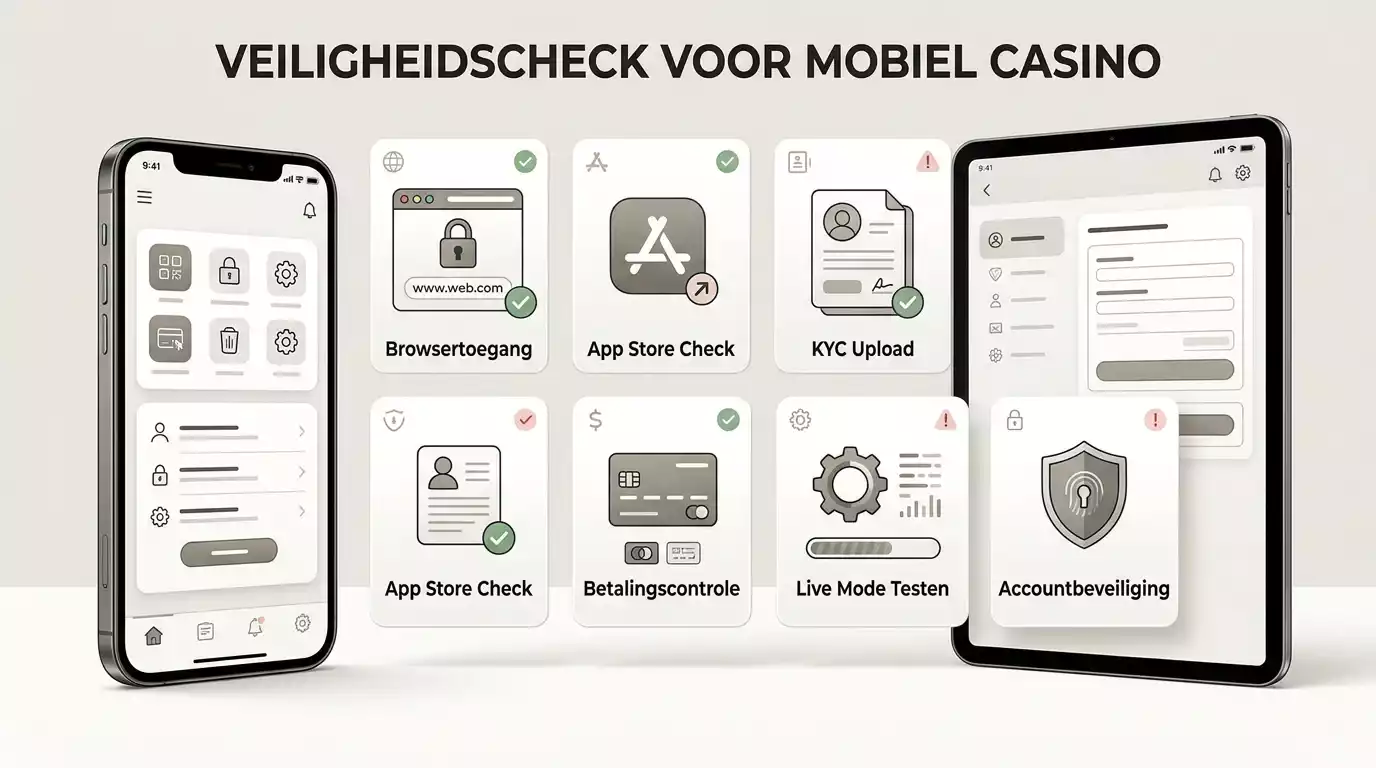 Mobiele controlekaart voor Voltslot met browser, appstore, KYC, betalingen en live casino
