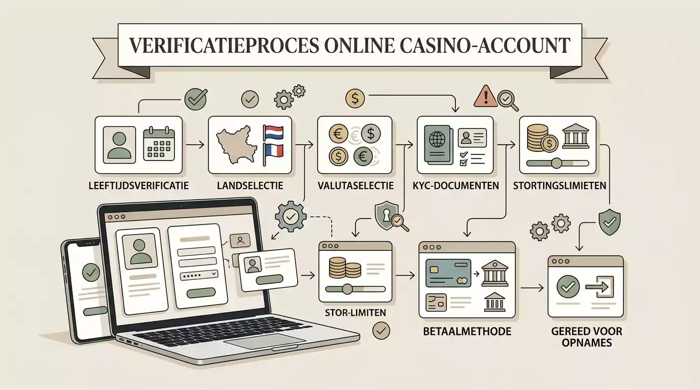 Accountcontrole-flow voor Voltslot met land, leeftijd, KYC, limieten en opnamepad